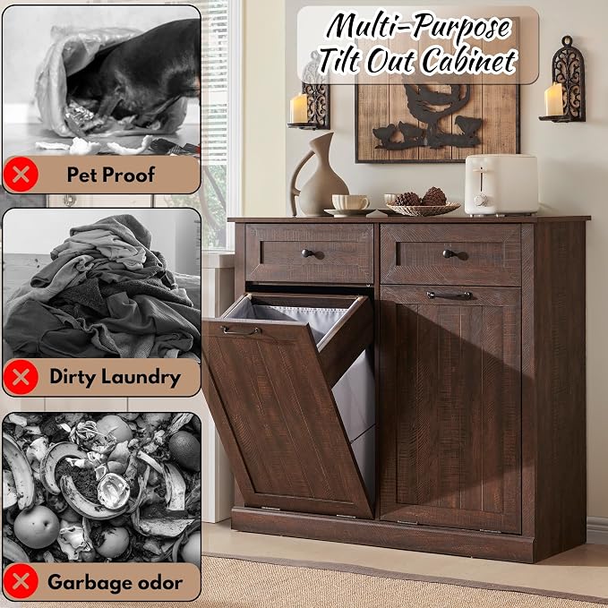 IFBUY Double Tilt Out Laundry Hamper Cabinet, Trash Cabinet, Brown | 20 Gallon Farmhouse Trash Cabinet w/Drawers, Hidden Wood Garbage Can Cabinets w/Laundry Storage Basket for Bathroom, Kitchen