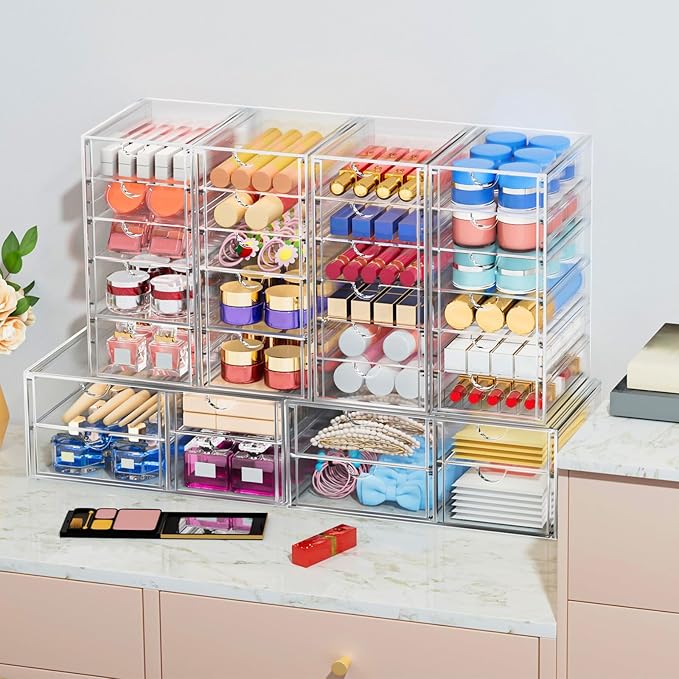 6-Pack 30-Drawer Acrylic Storage & Makeup Organizer for Desk | Smooth-glide drawers, clear body, dustproof, for office supplies, pens, stationery, jewelry, cosmetics, craft bits