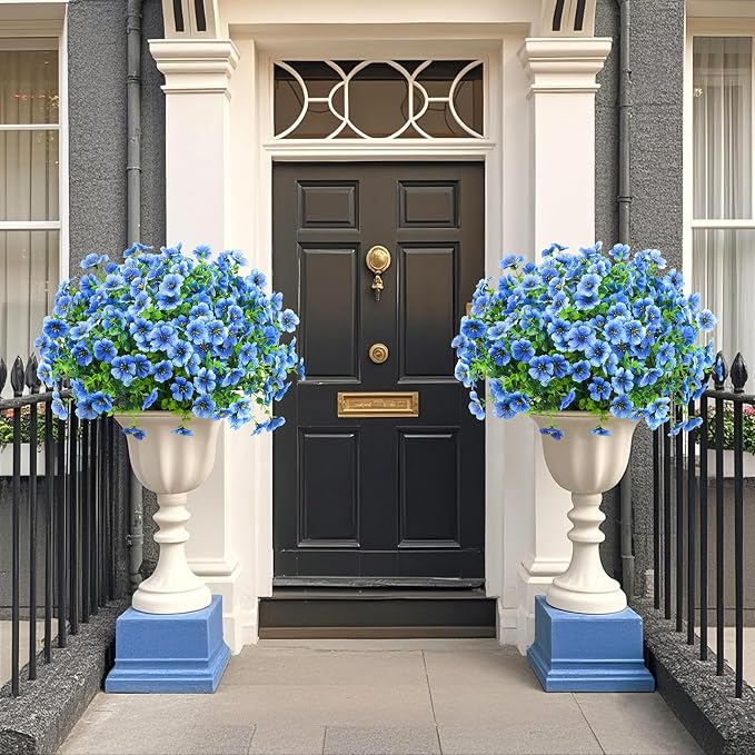 24 Pcs Artificial Flowers for Outdoors Decorations, Blue | Lifelike silk flowers, UV resistant, faux plastic plants, for garden porch window table vase home indoor outdoor decor