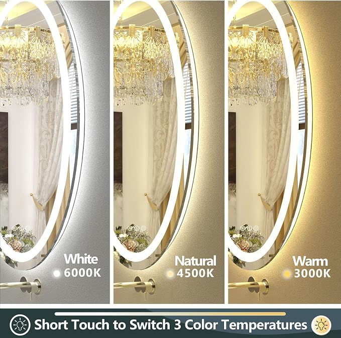 OKPAL Oval LED Mirror for Bathoom 40X24, Oval Bathroom Mirror with Lights, Dimmiable Lighted Vanity Mirror, Anti-Fog, Shatter-Proof, Memory, 3 Colors (Front Lights + Backlit)