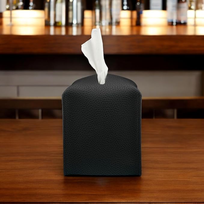 Premium PU Leather Tissue Box Holder - Elegant Hotel-Style Tissue Box Cover for Home, Office & Car Décor, Tissues Cube Organizer for a Natural & Classic Look (Black)