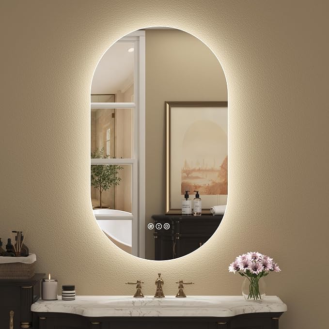 20x36 Inch Oval Backlit LED Bathroom Mirror | Dimmable Vanity Mirror for Wall, Phill-shaped, Anti-Fog, 3 Colors, Memory, Shatter-Proof, ETL Listed, Horizontal or Vertical
