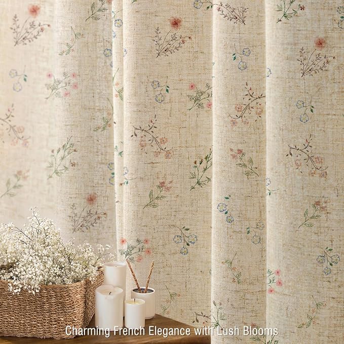 Floral Farmhouse Vintage Linen Shower Curtain, French Country Spring Shower Curtains for Bathroom, 72Wx72H
