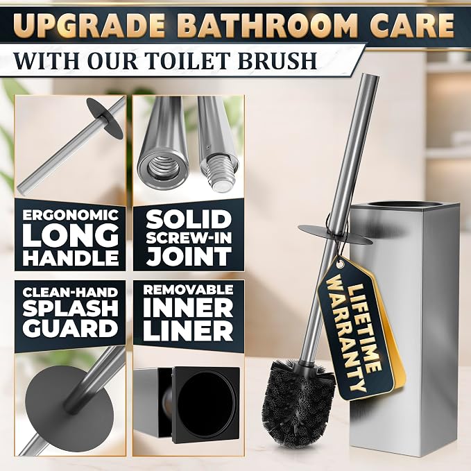 Stainless Steel Toilet Brush and Holder Set, Square Shape (Silver) | Toilet Bowl Brush and Holder, Removable Inner Bowl, Dense Bristles, Long Handle, Scratch Resistant, for Modern Bathrooms