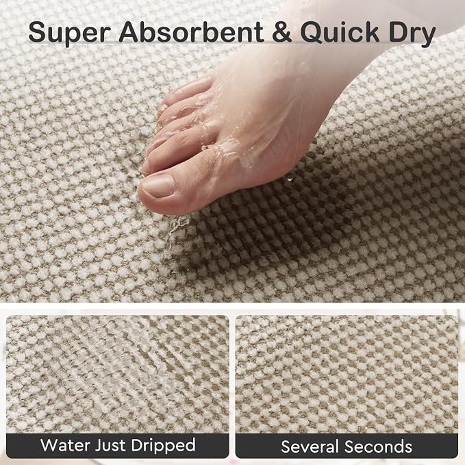 MontVoo Bathroom Runner Rugs,Chenille Absorbent Bath Mat Runner Quick Dry Rubber Backed Bath Runners Non Slip Washable Long Bathroom Rugs,Ultra Thin Bath Rugs Fit Under Door,24"x48",Beige