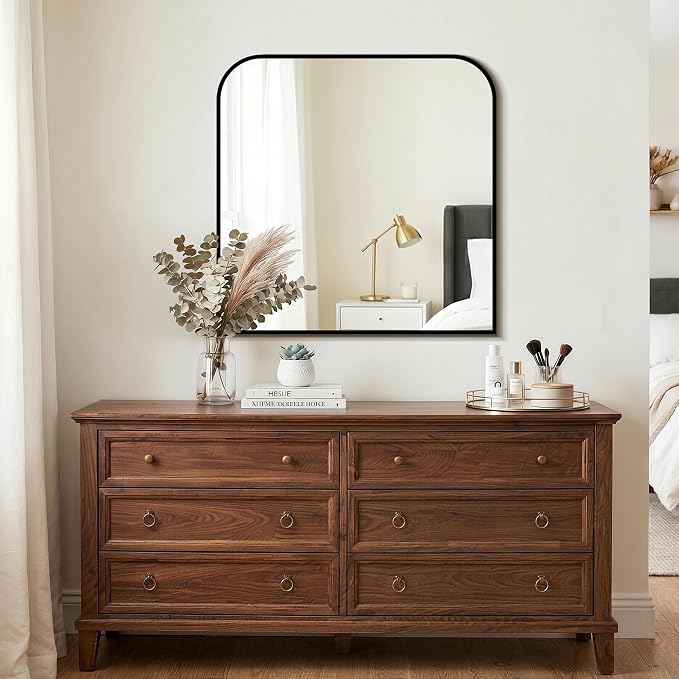Black Bathroom Vanity Mirror 30x30 Inch, Metal Framed | HD Tempered Glass, Bathroom Mirror for over Sink, Living Room, Bedroom, Entryway, Mantel, Fireplace, Wall Mounted