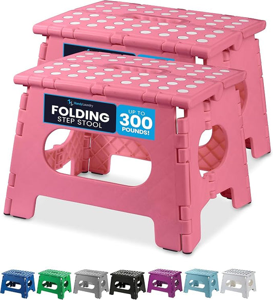 Handy Laundry Folding Step Stool 9 Inch 2-Pack, Pink, Holds 300 lbs | 2-Pack, 9 Inch, Pink, Foldable Collapsible Step Stool, Non-Slip, Holds 300 lbs, Kitchen Bathroom Bedroom, Adults