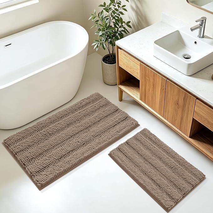 Striped Dark Beige Bathroom Rug Mat Set 2 piece 32"x20"+24"x17" Ultra Soft, Non Slip Chenille Bath Rugs, Absorbent Plush Shaggy Bath Mats for Bathroom, Bedroom, Kitchen, Shower, Tub,Taupe