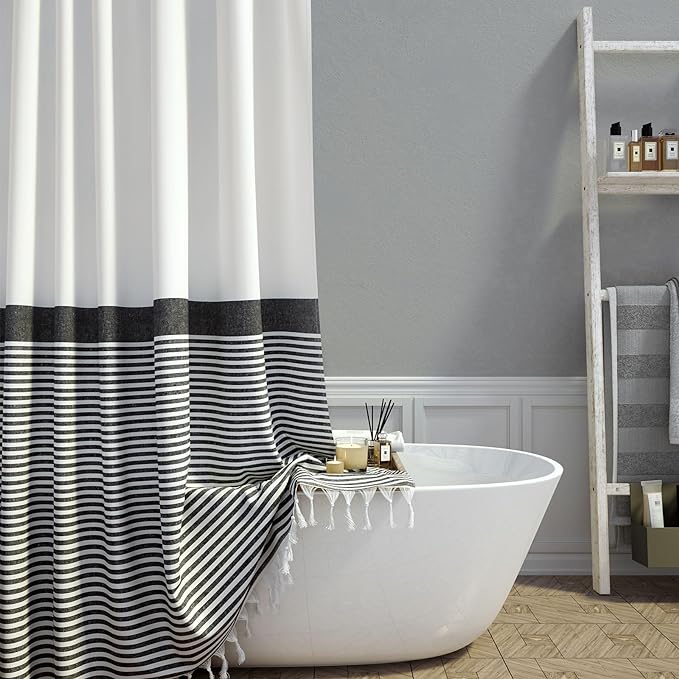 Extra Long Fabric Shower Curtain, 84 Inch Long Farmhouse Black and White Striped Cloth Shower Curtain with Boho Tassels, Hotel Luxury Bathroom Shower Curtain with 12 Hooks, 72x84