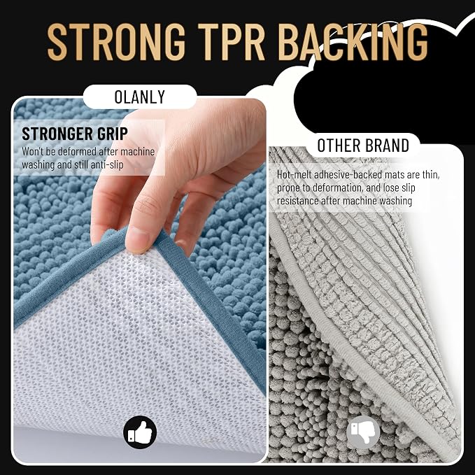 OLANLY Thick Toilet Rugs U-Shaped 24x20, Soft Chenille Bath Mat, Airy Blue | Extra Absorbent Striped Contour Bathroom Rugs for Toilet, Dry Quickly, Machine Washable, Non-Slip