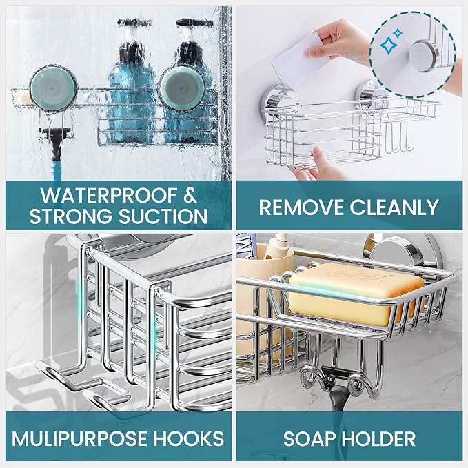 TAILI Shower Caddy Suction Cup with Hooks & Soap Holder, Silver | Heavy Duty Shower Organizers, Removable Bathroom Shelves for Inside,Stainless Steel Bathroom Holder