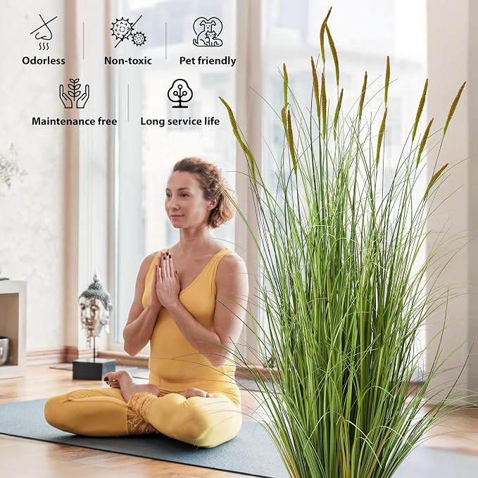 KOL 4ft Artificial Cattail Grass, 47.2in Artificial Indoor Outdoor Fake Onion Plant, Home Office Decor Floor Plants & Flowers in Pot Faux Plant Greenery, Housewarming Gift Reed Grass, Green