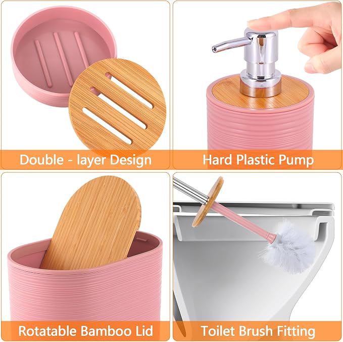 10 PCS Pink Bathroom Accessories Set with Trash Can Bathroom Accessory | All-in-One Kit with Trash Can,Toothbrush Holder,Soap Dispenser,Toothbrush Cup,Vanity Tray,Soap Dish,Toilet Brush etc for Home