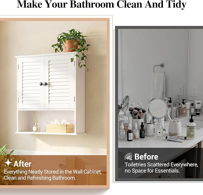 Bathroom Wall Cabinet with Adjustable Shelf, White 25" x 24" Medicine Cabinet with Louvered Doors, Over Toilet Storage Cabinet, Wall Mounted Bathroom Organizer for Bathroom, Laundry Room