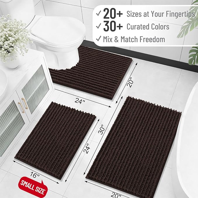 OLANLY Bathroom Rugs 34x21, Thick Soft Absorbent Chenille Bath Rugs | Brown, Shaggy Bath Mat with Quick-Drying Rubber Backing, Machine Washable for Floor, Tub and Shower, Home Decor Accessories