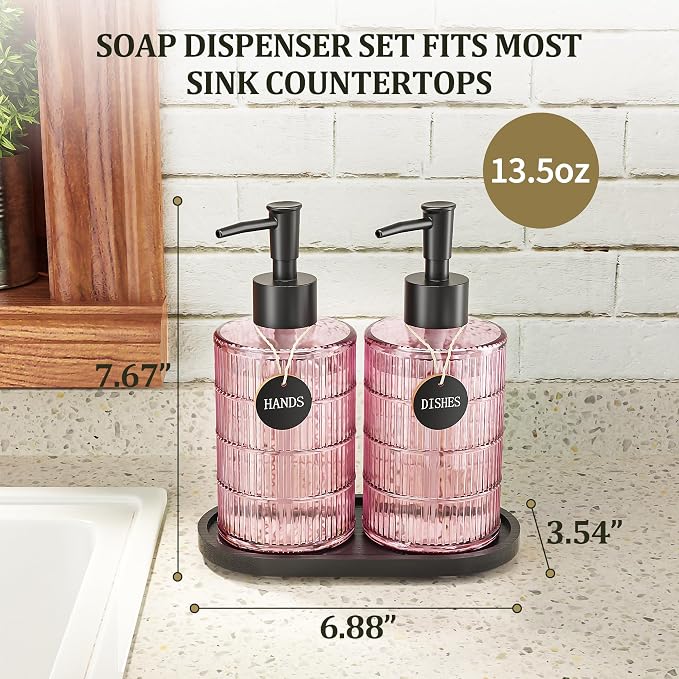 MASADI Soap Dispenser Set with Bamboo Tray, Dish and Hand Soap Lotion Dispenser Set with Wooden Pump for Kitchen and Bathroom Decor for Counter, Modern Vintage Liquid Soap Dispensers (Pink&Black)