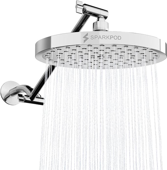SparkPod 8" Round Rain Shower Head with 11" Shower Arm | Shower Head & Extension Arm Combo, Height Adjustable, High Pressure Performance, Easy 1-Minute Installation,Polished Chrome