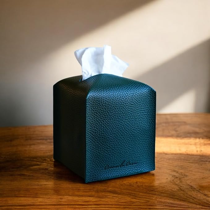 Premium PU Leather Tissue Box Holder - Elegant Hotel-Style Tissue Box Cover for Home, Office & Car Décor, Tissues Cube Organizer for a Natural & Classic Look (Dark-Green)