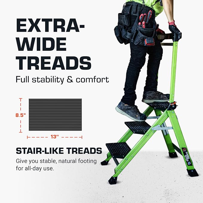 Little Giant Jumbo Step 3-Step Foldable 3 ft Fiberglass Stool, 11933 | Foldable Non-Conductive Fiberglass Step Stool, Extra-Wide Stair-Like Treads, Rotating Handrail, 375 lbs. Weight Capacity