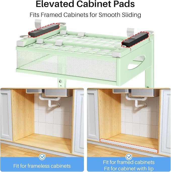 Under Sink Organizer, 2 Pack 2 Tier Pull Out Under Cabinet Organizer Shelf with Pad for Framed Cabinets, Metal Slide Out Under Sink Storage, Mesh Sliding Drawers for Kitchen Bathroom Laundry, Green