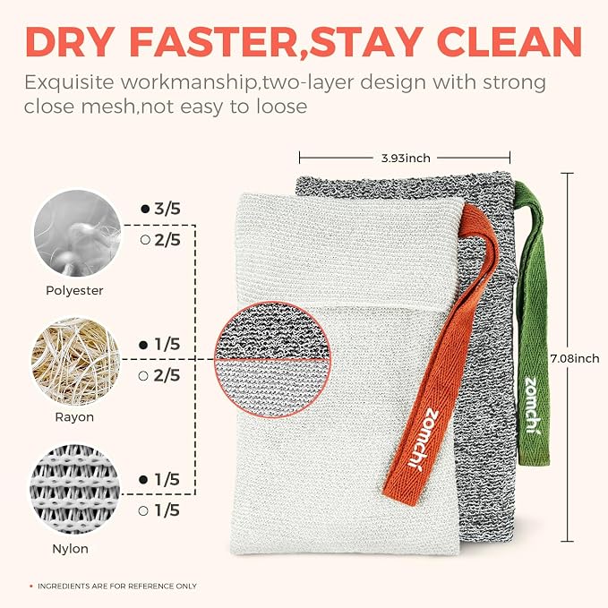 ZOMCHI Soap Bag for Soap Bars, Bar Soap Pouch, Gentle & Rough, 2 Pack | Exfoliating Soap Bar Bag with Dual Textures, Rich Lather, Soap Saver Bags, Soap Bag Scrubber, Soap Bar Loofah for Shower
