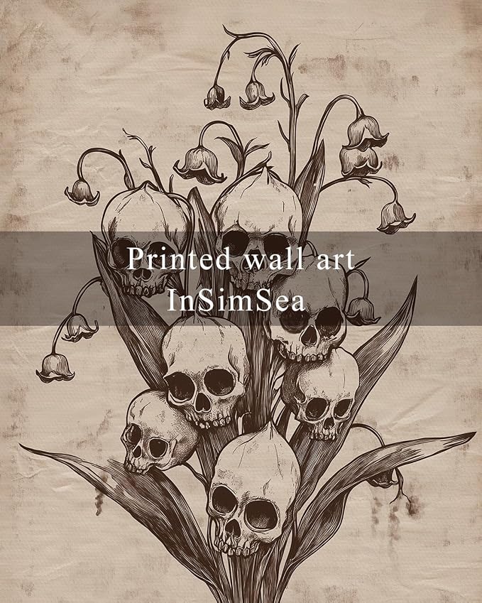 InSimSea Framed Canvas Prints Art Vintage Decor, Gothic Skull Flowers Painting, Rustic Dark Academia Wall Art for Bathroom, Halloween Living Room Witchy Room Wall Cottagecore Decor, 12x16inch