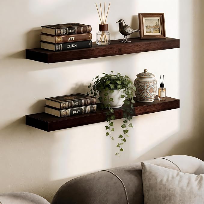 BAMEOS Solid Bamboo Floating Shelves, Set of 2 with Invisible Brackets, Natural Wood Grain Decor for Living Room, Bedroom, Kitchen, Bathroom & Office Storage