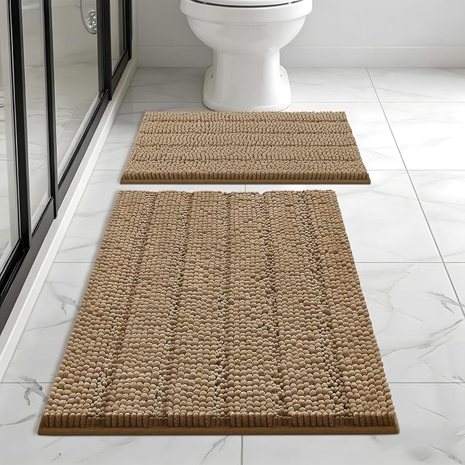 Bcoimo Bath Rug Mat Sets,2 Piece Extra Soft Chenille Tan Bathroom Mat Set | Non Slip with Rubber BackingBathroom Rug set; Machine Washable;Extra Soft Bath Rug;High Absorbent、Quick Drying Microfiber mat