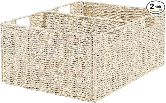 Wicker Storage Basket, Set of 2 Hand-Woven Paper Rope Wicker Basket, Small Storage Baskets for Organizing Toilet Paper Basket, Foldable Large Cube Storage Organizer Bins for Shelves (Beige)