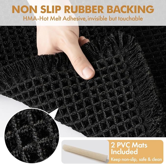 MIULEE Set of 2 Waffle Bathroom Rugs Boho Bath Mat Black 18x30 Inch | Non Slip, Super Absorbent, Washable, Ultra Soft, Rubber Backed Bath Rugs for Bathroom Floor Tub Shower