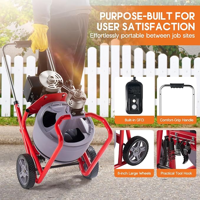 Albott 75 FT x 3/8 Inch Electric Drain Cleaner Machine | Auto-Feed Sewer Snake Auger for 1-4 Inch Pipes, with 9 Cutters, Wheels and Foot Switch, Gray/Red