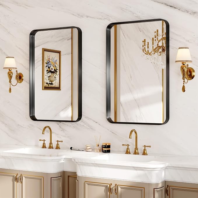 Bathroom Mirror for Wall, 30x20 Inch Rectangle Mirror,Matte Black Metal Framed Bathroom Vanity Mirror for Restroom Farmhouse, HD Tempered Glass,Anti-Rust Aluminum Alloy Mirror