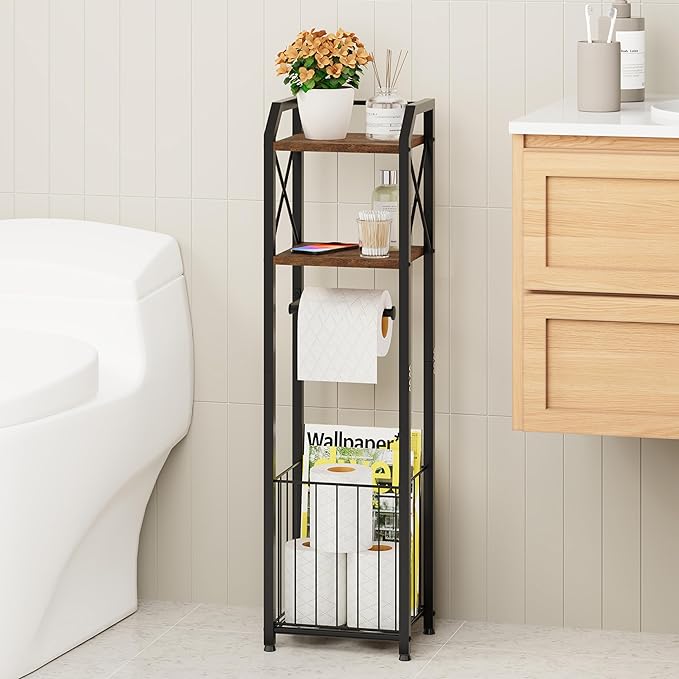 HapiRm Freestanding Toilet Paper Holder - 4-Tier Bathroom Tissue Organizer with Wood Shelves and Large Basket, Toilet Paper Holder Stand for Bathroom, Laundry Room, Apartment - Black（Small）