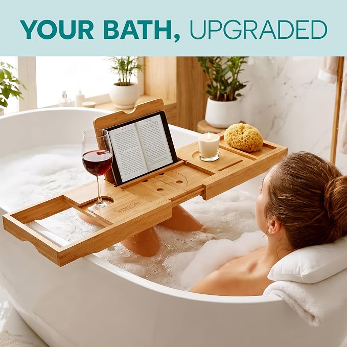 SereneLife 2 in 1 Bed and Bath Tray - Foldable Bamboo Bathtub Caddy with Adjustable Length, Non-Slip, Device Holder, Wine Glass Slot, Expandable for Comfortable Bathing, Natural, Folding Set