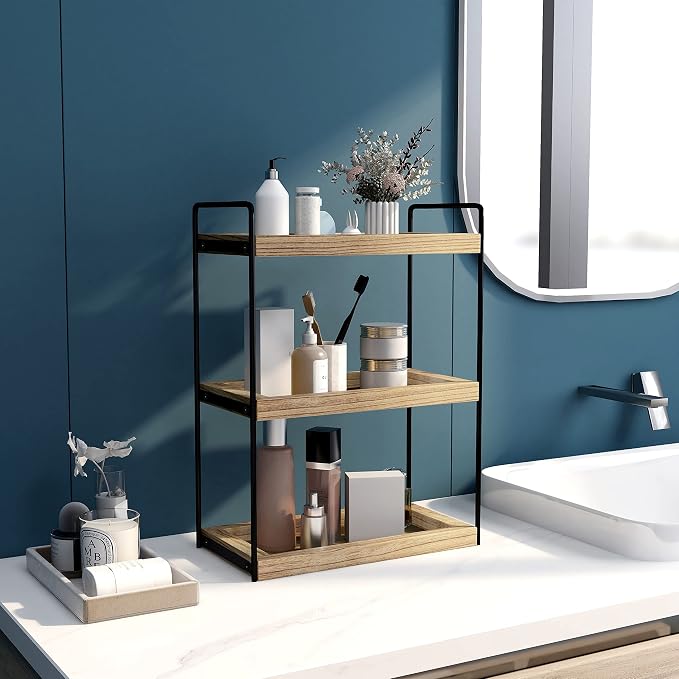 Dorhors Bathroom Counter Organizer,Countertop Tray Storage Shelf | 3 Tier Rustic Brown Wood Vanity Organizer for Skincare,Perfume,Makeup,Counter Tray for Bathroom,Kitche,Dresser