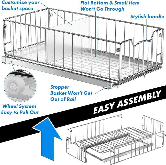 Simple Houseware Pull-Out Cabinet Sliding Basket, 17.2Dx9.7Wx5H, Chrome | Ideal for Kitchen and Bathroom Cabinet Storage Organizer, Under Sink or Pantry Organization