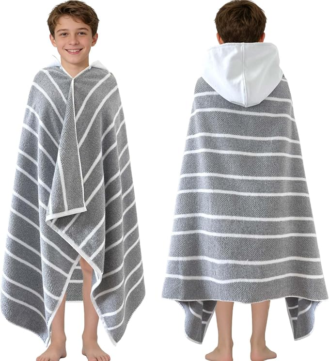 VOOVA & MOVAS Large Hooded Towels for Kids,6-12 Years,100% Cotton | 65X34 Inch,Gray White Stripe,Thick,Soft, Absorbent, Quick-Drying, Beach/Pool/Swim Essentials