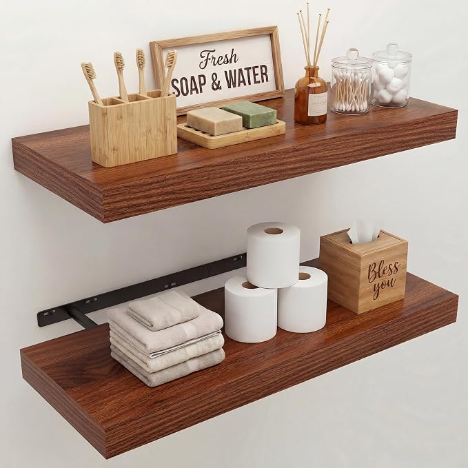 24 in Floating Shelves for Wall Decor Color Walnut,Pack 2 | Modern floating shelves for living room,bedroom,kitchen and bath.Organize & display books,photos and decor.easy mount,sturdy.