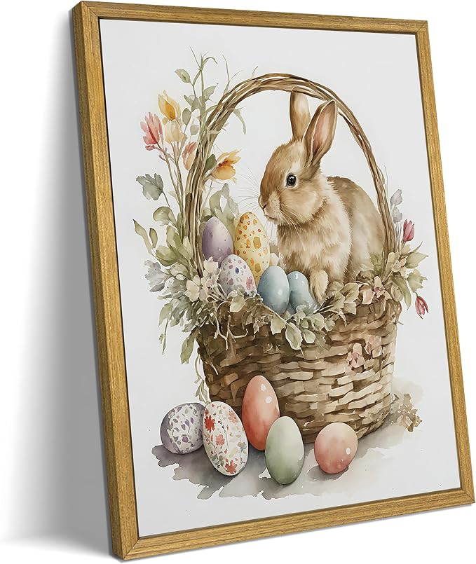 Easter Bunny Wall Art, Vintage Easter Bunny Eggs Poster Print Wall Decor, Holiday Home Canvas Decor Painting 16x24 Inch Wood Framed