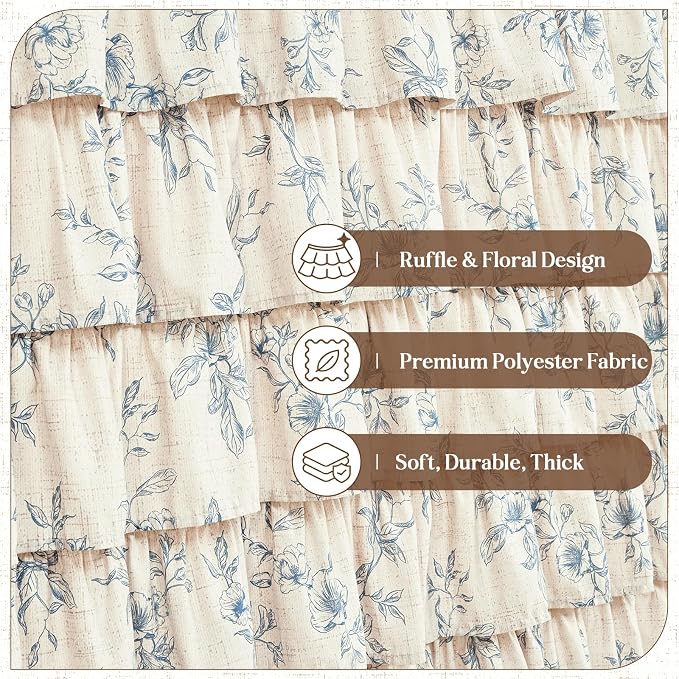 Yinhua Long Farmhouse Ruffle Shower Curtains with Blue Floral, 72" Wx78 L | French Country Vintage Rustic Washable Waterproof Shower Curtain for Bathroom Bathtub, 12 Metal Hooks