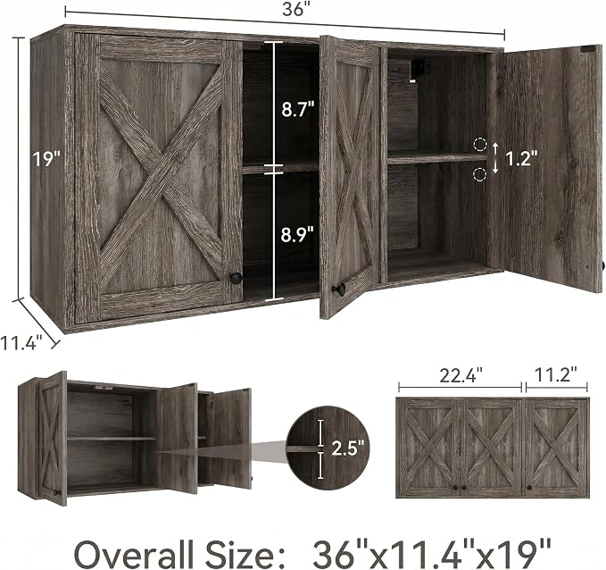 YOURLITE Laundry Cabinet, Medicine Cabinet, Bathroom Kitchen Storage Wall Mounted Farmhouse Organizer with Shelves Over Toilet, 36" Wide, Grey