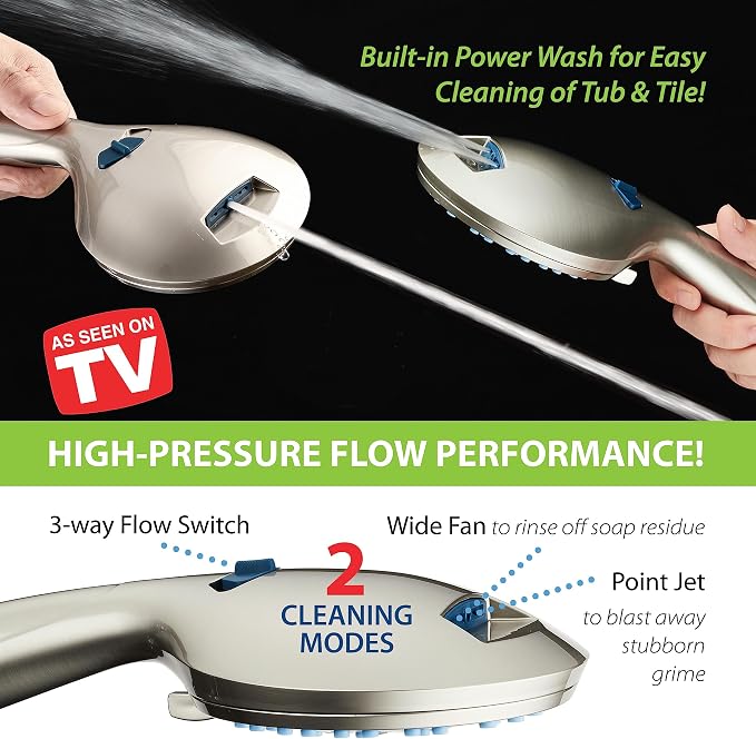 AquaCare 8-mode High Pressure Handheld Shower Head with 2-mode Power Wash | Stay Clean Nozzles, Dual Power Wash for Tub, Tile & Pets, Long 6 ft. Stainless Steel Hose, Wall & Overhead Brackets / Nickel