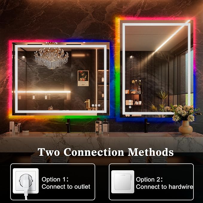 WTTY 60"x36" RGB LED Bathroom Mirror with Light | 8 Color Backlight + 3 Color Front Light, Anti-Fog, Dimmable, Memory Function, Tempered Glass, IP54 Waterproof, ETL Listed