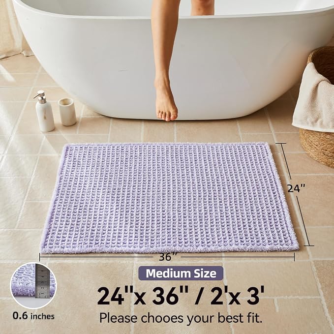 Triohero Waffle Bath Mat, Boho Bathroom Rugs Non Slip Washable, Ultra Soft Super Absorbent Quick Dry Farmhouse Bathroom Decor, 24" x 36", Lavender Cream