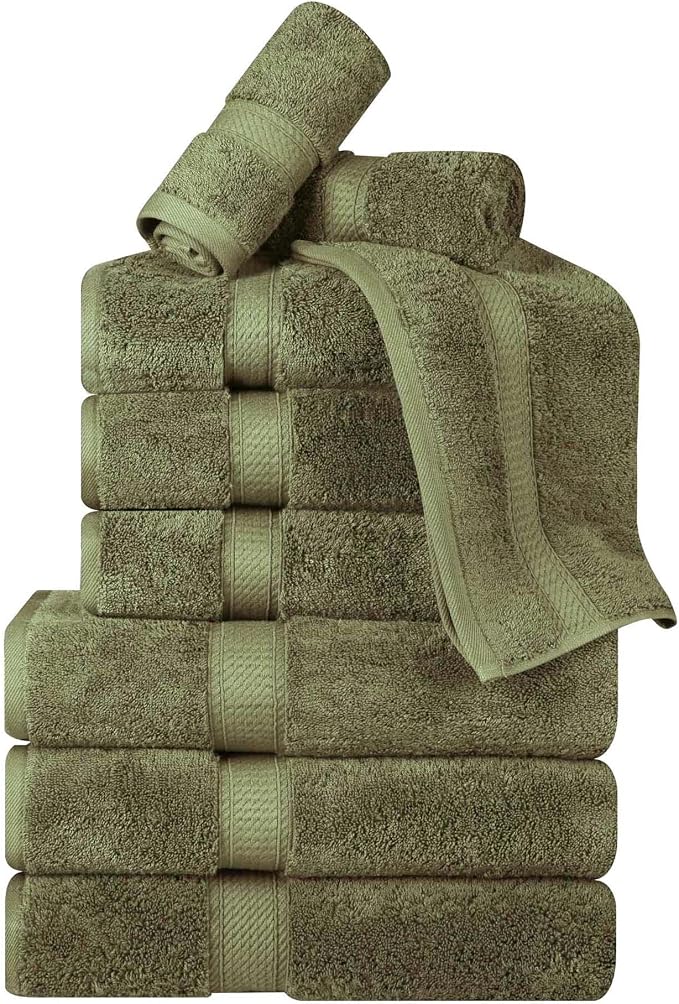 Superior Egyptian Cotton 800 GSM Plush Absorbent, 9 Piece Set, Forest Green | Quick Dry, Soft Luxury Towel Set, Bath Essentials, Guest Bath, Spa, 3 Bath, 3 Hand, 3 Face Towel, Madeline Towels