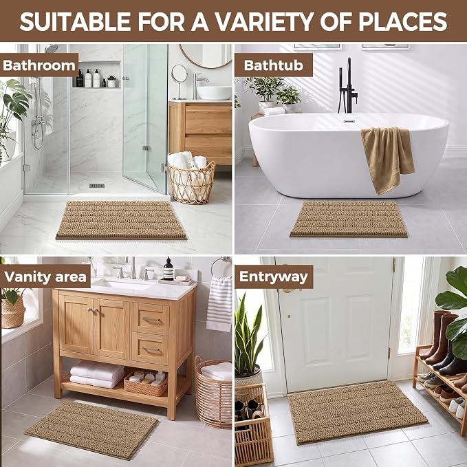 Bcoimo Bath Rug Mat,30x20 Chenille Non Slip Tan Bathroom Floor Shower Mats | Extra Soft Bathroom Rugs;Non Slip with Rubber Backing Bath Mats;High Absorbent And Quick Dry Microfiber mat; Machine Washable