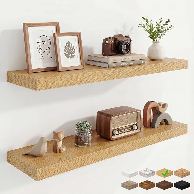 Marsmiles 9.25in Depth 36in Floating Shelves, 36x9.25x1.4, Oak, Set of 2 | Wall Mounted Engineered Wood Shelves, Invisible Brackets for Living Room, Bedroom, Bathroom, Kitchen Decor and Storage