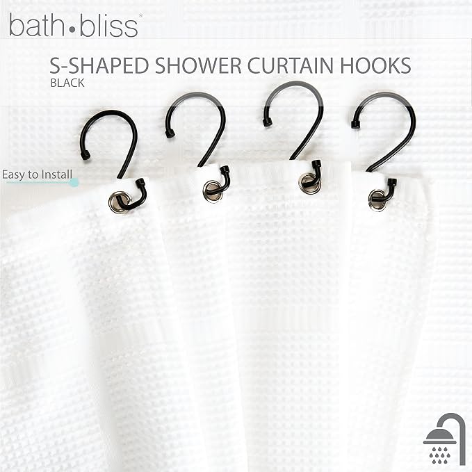 Bath Bliss 12 Pack S-Hook Shower Curtain Rings | Bathroom | Metal S Shaped Hooks | Easy Glide | Easy to Install | Hang Mugs, Pans, Towels | Matte Black