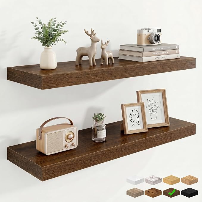 Marsmiles 9.25in Depth 30in Floating Shelves, 30x9.25x1.4, Walnut, Set of 2 | Wall Mounted Engineered Wood Shelves, Invisible Brackets for Living Room, Bedroom, Bathroom, Kitchen Decor and Storage