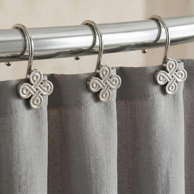 Brushed Nickel Shower Curtain Hooks: Rust Proof Metal Curtain Rings, 12Pcs | Stylish Clover Knot Decorative Shower Hooks, Elegant Flower Hanging Hangers for Shower Rod, Gift for Modern Bathroom Decor
